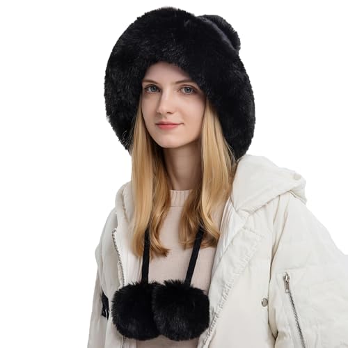 Womens Faux Fur Hat with Fluffy Pompom for Winter Fuzzy Knitted Beanies Skull Cap Warm Earflaps Cold Weather Cute - color: Black