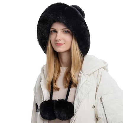 Womens Faux Fur Hat with Fluffy Pompom for Winter Fuzzy Knitted Beanies Skull Cap Warm Earflaps Cold Weather Cute - color: Black
