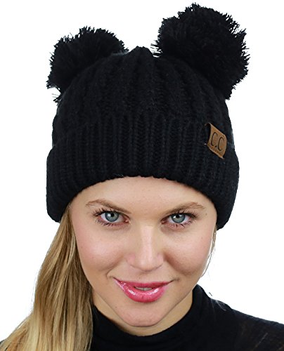 C.C 2 Ear Pom Pom Cable Knit Soft Stretch Cuff Skully Beanie Hat - color: Black