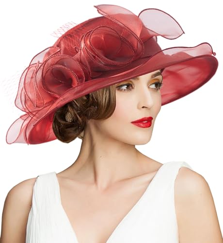 Women's Kentucky Derby Church Dress Hat Wide Brim Leaf Flower Bridal Shower Hat - color: A10 Winered