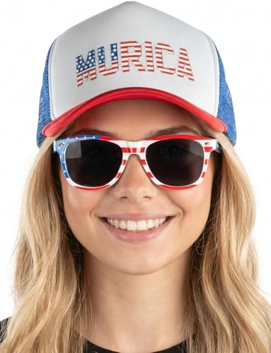 Funky Junque Premium Mesh Snapback Trucker Hat - Stylish Comfort for All - Patriotic, Humor & More - color: Hat (Merica) & Sunglasses (Usa)