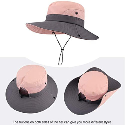 ZOORON Women's Ponytail Safari Sun Hat,Wide Brim UV Protection Bucket Hat - color: 2-black+grey
