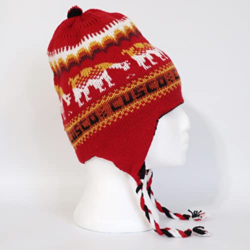 Alpaca Wool Blend Winter Hat Chullo Inca Peruvian Design Reversible with Earflaps. Beanie Medium Size. Unisex - color: Red/Black
