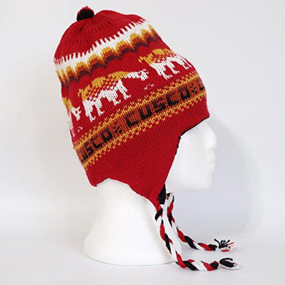 Alpaca Wool Blend Winter Hat Chullo Inca Peruvian Design Reversible with Earflaps. Beanie Medium Size. Unisex - color: Red/Black