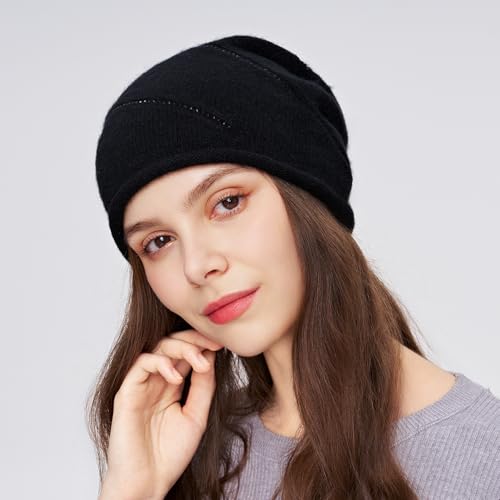 Women's Knitted Angora Wool Hat for Autumn and Winter Warm and Stylish with Rolled Brim and Slanted Rhinestones Cap - color: New-black