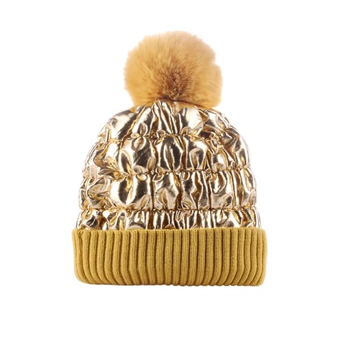 WITHMOONS Winter Pom Beanie Shiny Metallic Fleece Knit Hat Slouchy Cap YZP0255 - color: Gold
