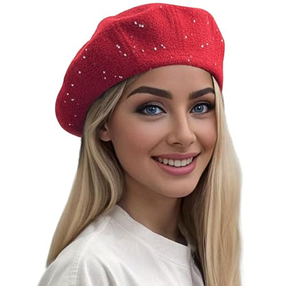 Lanzom Classic Knitted Berets for Women Stylish French Beret Hats for Women Girls Lady Beret Hat - color: Red