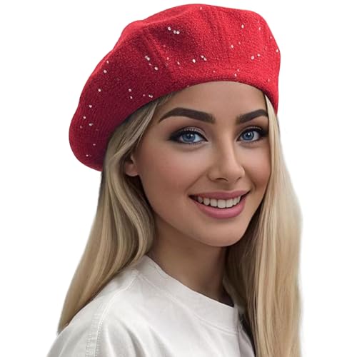 Lanzom Classic Knitted Berets for Women Stylish French Beret Hats for Women Girls Lady Beret Hat - color: Red