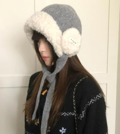Women Winter Fleece Beanie Hat with Ear Flaps Soft Warm Crochet Skull Caps - color: Grey