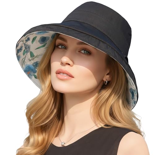 HUAMULAN Women Wide Brim Reversible Sun Hat Summer Beach Fishing Bucket - color: Black Floral