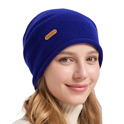 ACUSHLA 100% Merino Wool Slouchy Beanie for Women Men Winter Hat Skull Cap - color: Blue
