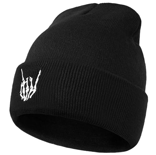 Gothic Skull Beanie Hats for Men Women, Skeleton Cuffed Winter Hat for Goth Gifts, Indoor and Outdoor Outfit Matching - color: 01.black/Skeleton