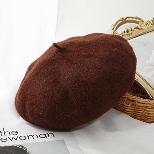 Women French Wool Beret Hats - Solid Color Classic Beanie Winter Cap - color: Brown