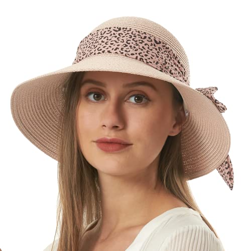 Womens Straw Sun Hat Summer Beach Wide Brim UV Protection Hats with Chin Strap Floppy Foldable Cute Bowknot UPF 50 Cap - color: Leopard Pink