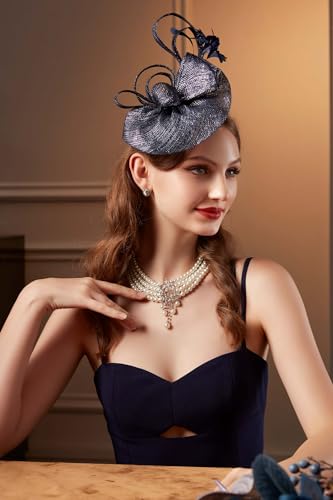 BABEYOND Fascinators Hats for Women Tea Party Glitter Pillbox Hat Derby Hat - color: B-navy Blue
