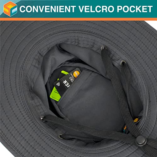 SUN CUBE Wide Brim Sun Hat for Men Women UPF 50+ UV Protection Safari Boonie Hat with Chin Strap, Pocket, Fishing Hiking Hat - color: Gray