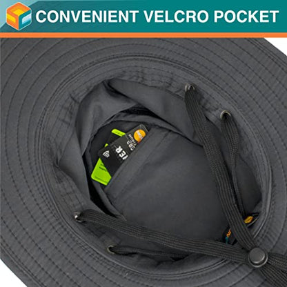SUN CUBE Wide Brim Sun Hat for Men Women UPF 50+ UV Protection Safari Boonie Hat with Chin Strap, Pocket, Fishing Hiking Hat - color: Gray