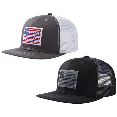 BASSDASH 2 Pack Flat Brim Trucker Cap Adjustable Snapback Hat Mesh Back for Men Women Fishing Hunting - color: Charcoal Grey/Fish Flag & Black/Fish Flag