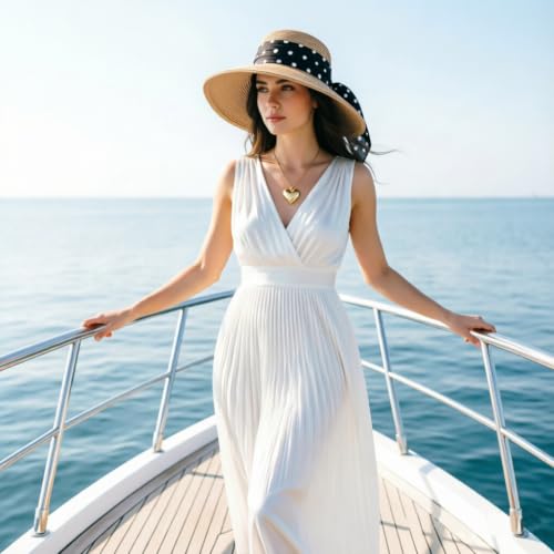 DRESHOW Sun Hats for Women Travel Fedora Foldable Beach Sun Hat Summer Wide Brim Straw Bucket Hat with Bowknot UPF 50+ - color: 1 Pack Bowknot Straw Hat: Khaki With Black Polka Dot Band