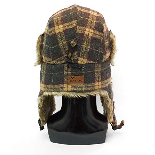 IgloosBuilt Men’s Wool Blend Trapper Hat with Faux Fur Ear Flap, Ushanka Winter Hat for Hunting, Fishing, Hiking, Camping - color: Brown Plaid, size: Medium-Large