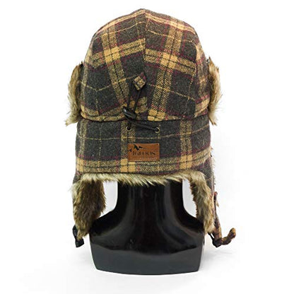 IgloosBuilt Men’s Wool Blend Trapper Hat with Faux Fur Ear Flap, Ushanka Winter Hat for Hunting, Fishing, Hiking, Camping - color: Brown Plaid, size: Medium-Large