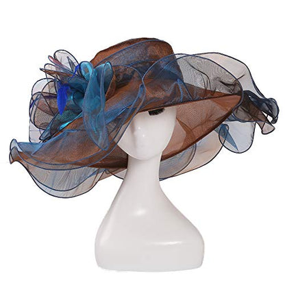 Women Oganza Sun Hat Church Wide Brim Wedding Formal Fascinator Hat - color: Blue & Coffee