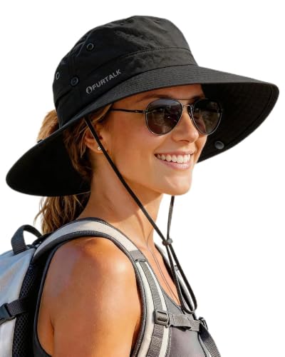 FURTALK Sun Hats for Women Wide Brim Bucket Hat Ponytail Hole Outdoor UPF - color: Black