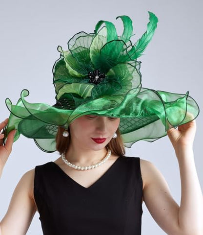 Women Organza Derby Hat Fascinator Tea Party Wedding Church Derby Hat Fascinator Hats Dual-use - color: 02e Green