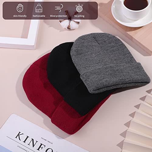 Cooraby 3 Pack Unisex Winter Skull Cap Beanies Knitted Cuff Hats Caps Roll-up Edge Beanie Hats for Men Women Outdoors - color: Black, Heather Grey, Jujube Red