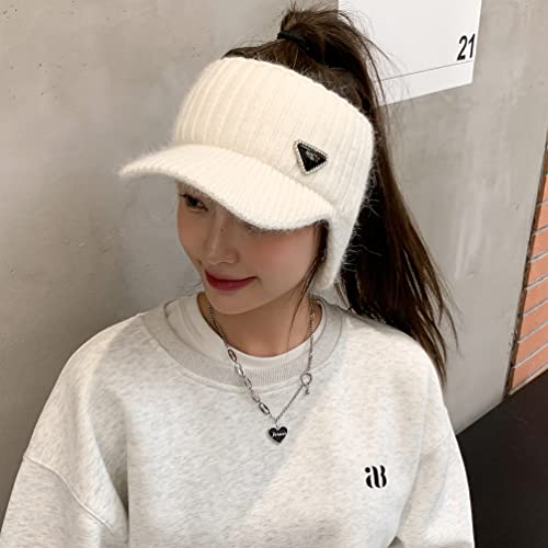 Open Beanie with Earflaps Visor Brim Bun Ponytail Winter Golf Tennis Hats Women - color: White