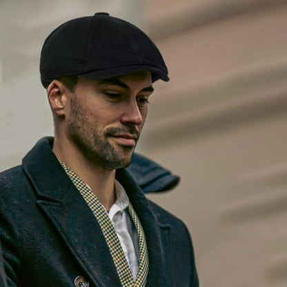 Newsboy Cap for Men Cotton 8 Panel Men's Flat Cap - color: Black+navy, size: One Size