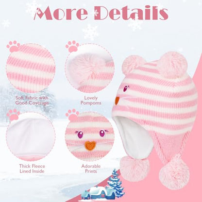 Baby Winter Hat Toddler Beanie Warm Fleece Lined Earflap Cap with Pom Pom - color: O1pc Cat Pink, size: 2-3T