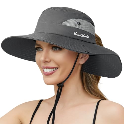 Womens Sun Hat with Ponytail Hole, UV Protection Foldable Beach Fishing Hat - color: Grey