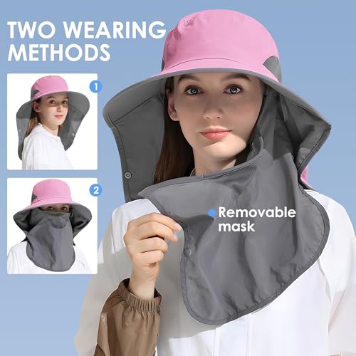 Outdoor Sun Hat Detachable Neck Face Flap UPF 50+UV Protection Visor Fishing Hats with Neck Flap for Men & Women - color: Pink