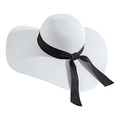 Lanzom Womens Wide Brim Straw Hat Big Floppy Foldable Roll up Cap Beach Sun Hat UPF 50+ - color: Bowknot-white