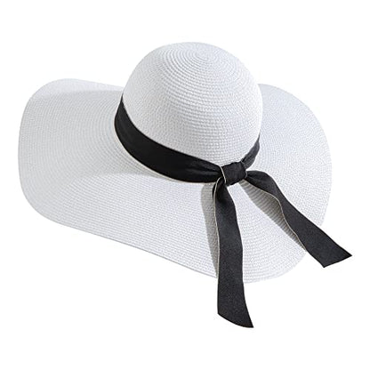 Lanzom Womens Wide Brim Straw Hat Big Floppy Foldable Roll up Cap Beach Sun Hat UPF 50+ - color: Bowknot-white