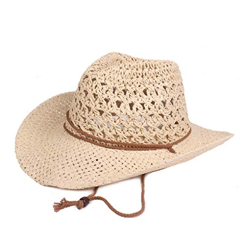 Straw Hat Women Men Cowboy Hats Beach Floppy Sun Hats Brim Summer Sunhat Bush Sombrero Travel Cowgirl Hat Costume - color: Beige