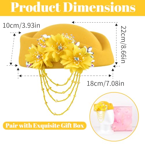 ASO OKE Beret Hats for Women British Felt hat Women's Church Derby with Tassel decorationhat Suitable for Wedding Parties - color: Gold