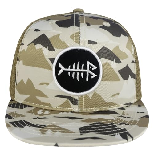 BASSDASH Flat Brim Trucker Cap Adjustable Snapback Hat Mesh Back for Men Women - color: Mountain Camo