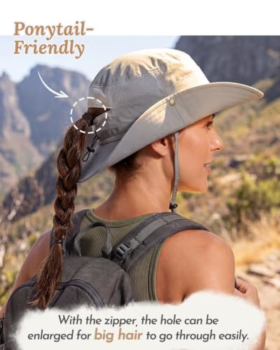 2-in-1 Womens Bucket Sun Hats, Sun Visor Hat, UPF 50+ Wide Brim, Ponytail-Friendly, Packable, Hiking Outdoor - color: Light Grey
