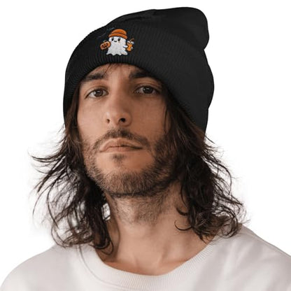 Embroidered Beanie Halloween Goth Knit Hat for Men Women - color: Halloween Funny Ghost Pumpkin