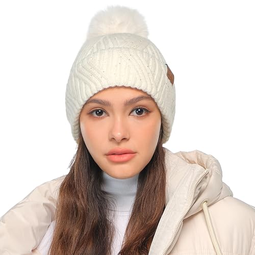 C.C Sequin Pom Beanie for Women - Acrylic Stretchable Soft Warm Knit Winter Skully Hat with Yarn Pom - color: Angora-ivory