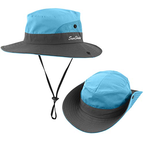 IYEBRAO Kids UV Sun Hat with Ponytail Hole UPF 50 Bucket Cap for Girls Summer Beach ＆ Fishing - color: Sky Blue