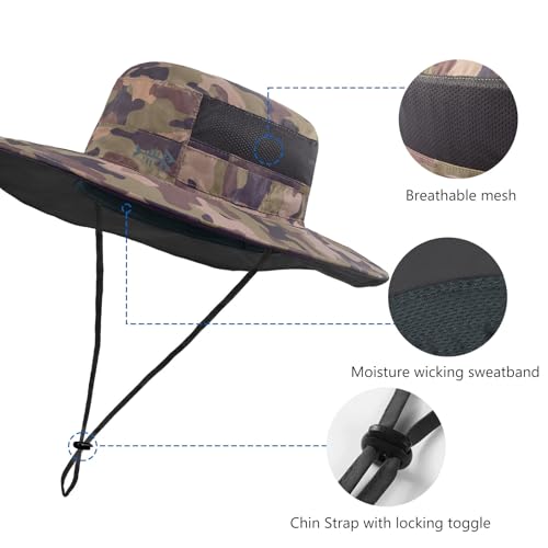 BASSDASH UPF 50+ Fishing Sun Hat Water Resistant Unisex Wide Brim Bucket Boonie Hat for Hiking Camping Safari FH15 - color: Earth Camo, size: Large