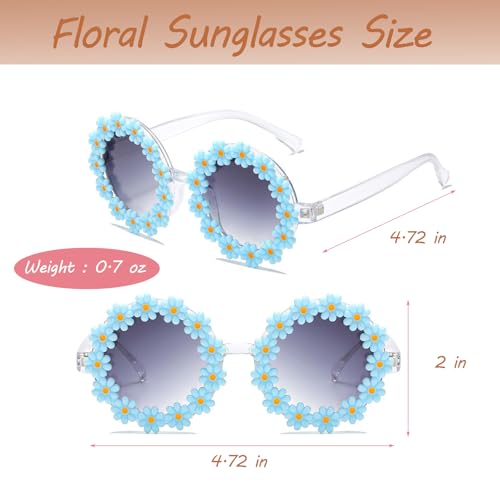 Girls Straw Hat with Flower Round Sunglasses, Summer Foldable Large Brim Sunflower Bowknot Beach Toddler Straw Sun Hat, 2-6T - color: Beige-blue Flower