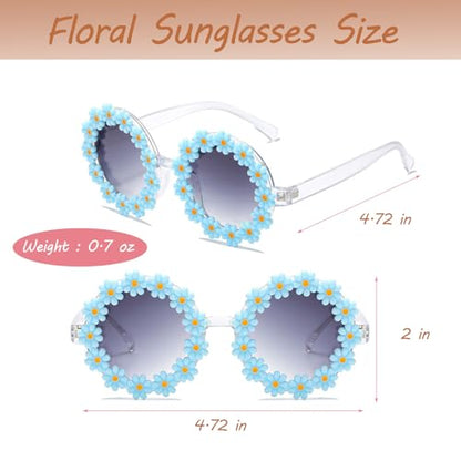 Girls Straw Hat with Flower Round Sunglasses, Summer Foldable Large Brim Sunflower Bowknot Beach Toddler Straw Sun Hat, 2-6T - color: Beige-blue Flower