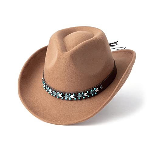 Western Cowboy Hat Felt Wide Brim Women Men Cowgirl Hats - color: X-beaded -Khaki