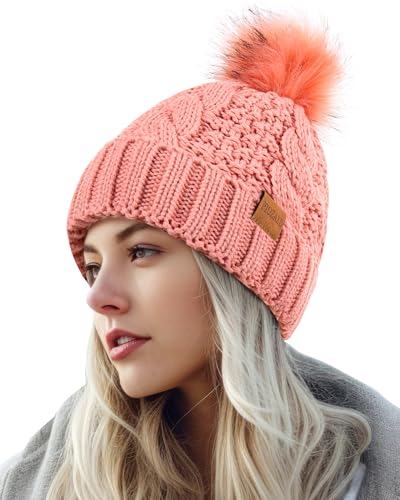Women's Winter Pompom Beanie Warm and Cozy Knit Hat Fleece Lining Skull Cap for Women - color: Pink