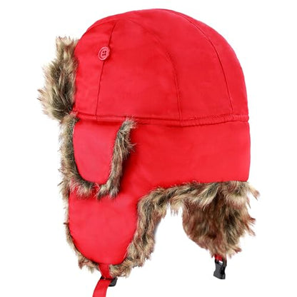 Faux Fur Safety Reflective Plain Plaid Aviator Trapper Hat Snow Ski Trooper Winter Cap - color: 1. Plain - Red, size: Small-Medium