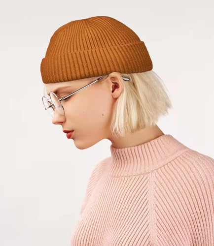 ROYBENS Short Wool Fisherman Beanie for Men Women Knit Fleece Lined Beanies - color: 2pcs-black+camel